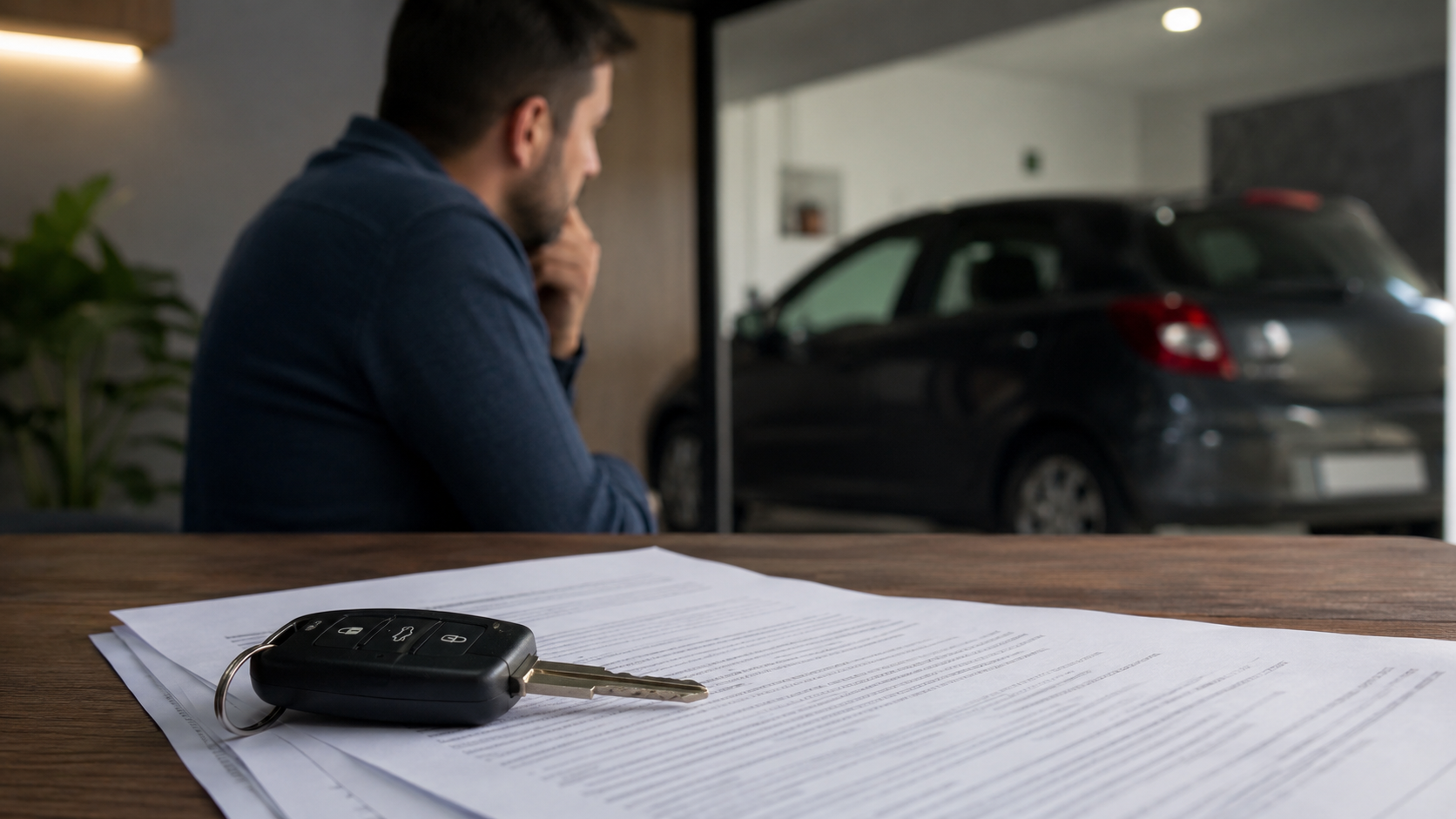 Homem preocupado olhando para o carro financiado e o contrato sobre a mesa